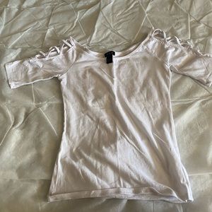 White t-shirt with criss cross sleeve